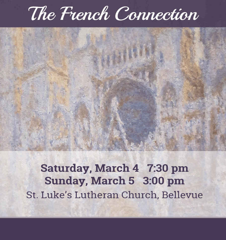 The French Connection. background image: Claude Monet - Cathédrale_de_Rouen, Facade (sunset) - 1894.